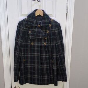French Connection Navy Blue Plaid Pea Coat, Mini Dress Coat Size 0